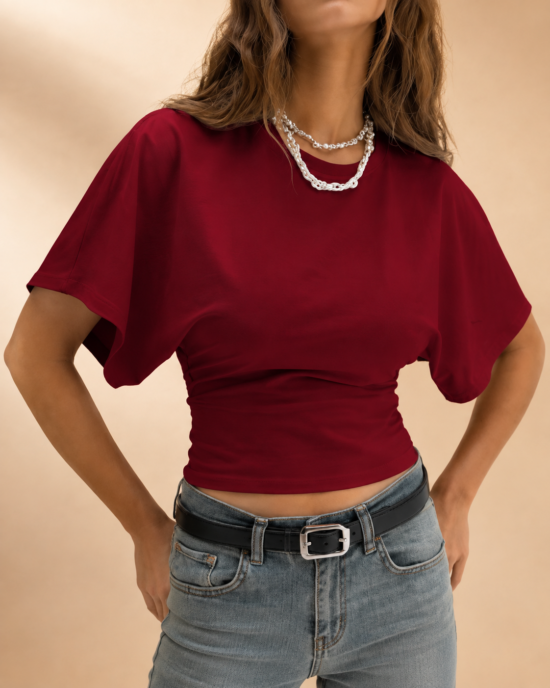 T-shirt Cintada com Mangas Batwing