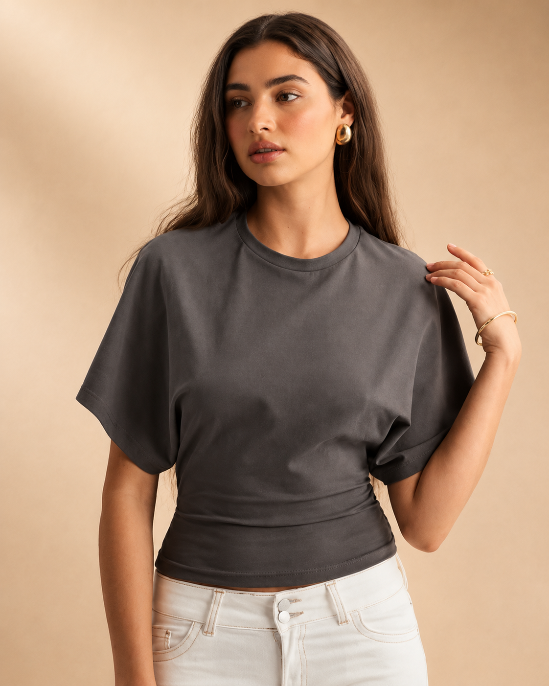 T-shirt Cintada com Mangas Batwing