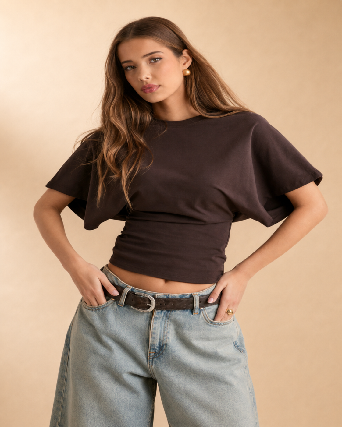 T-shirt Cintada com Mangas Batwing