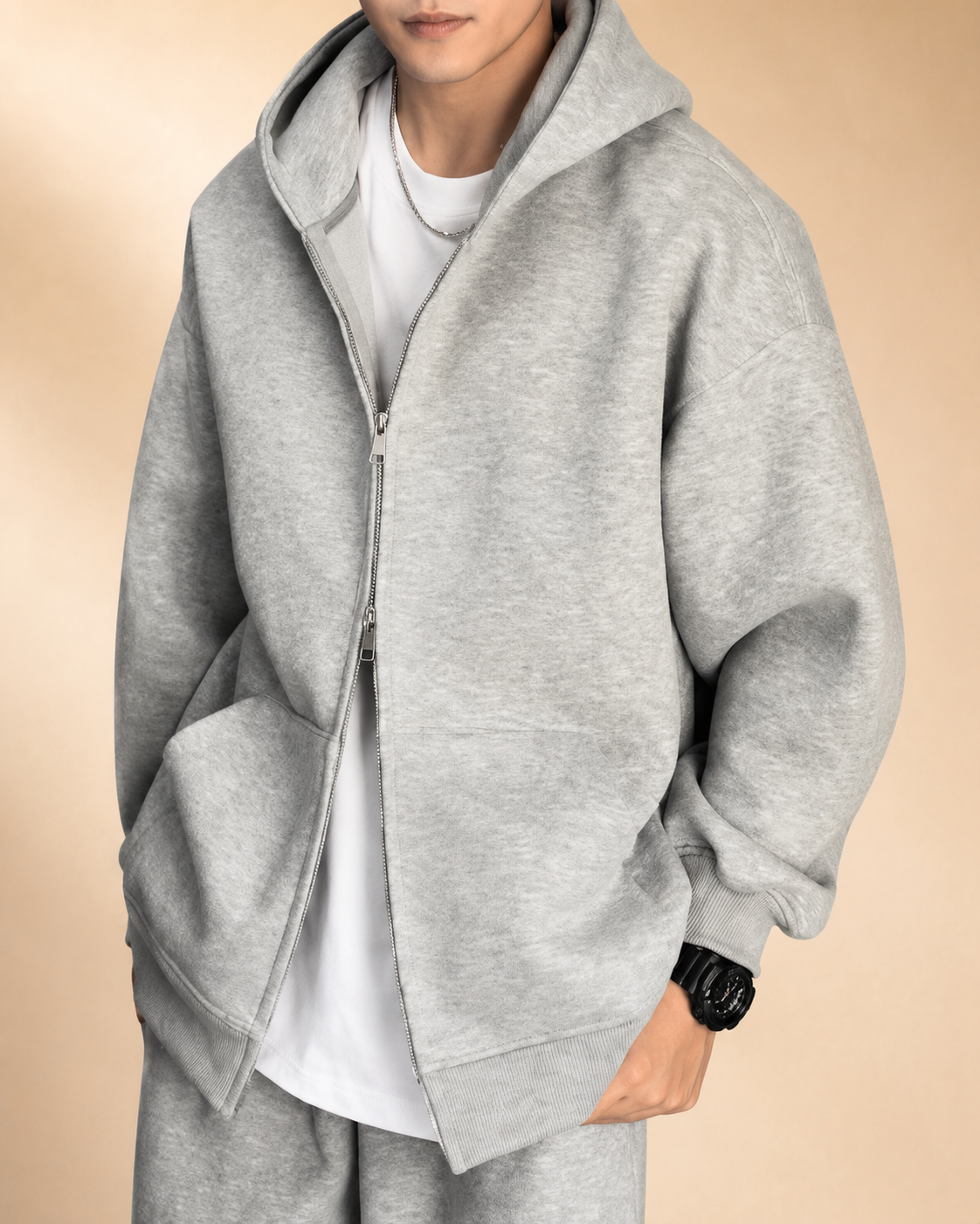 Casaco Oversized com Capuz e Fecho Duplo
