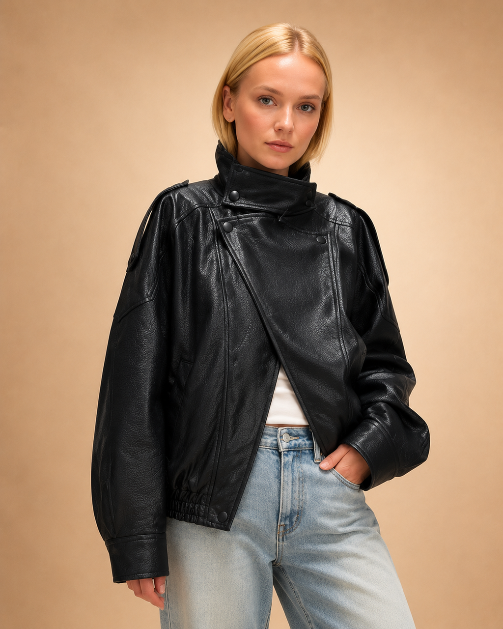 Casaco Bomber Oversized Efeito Pele